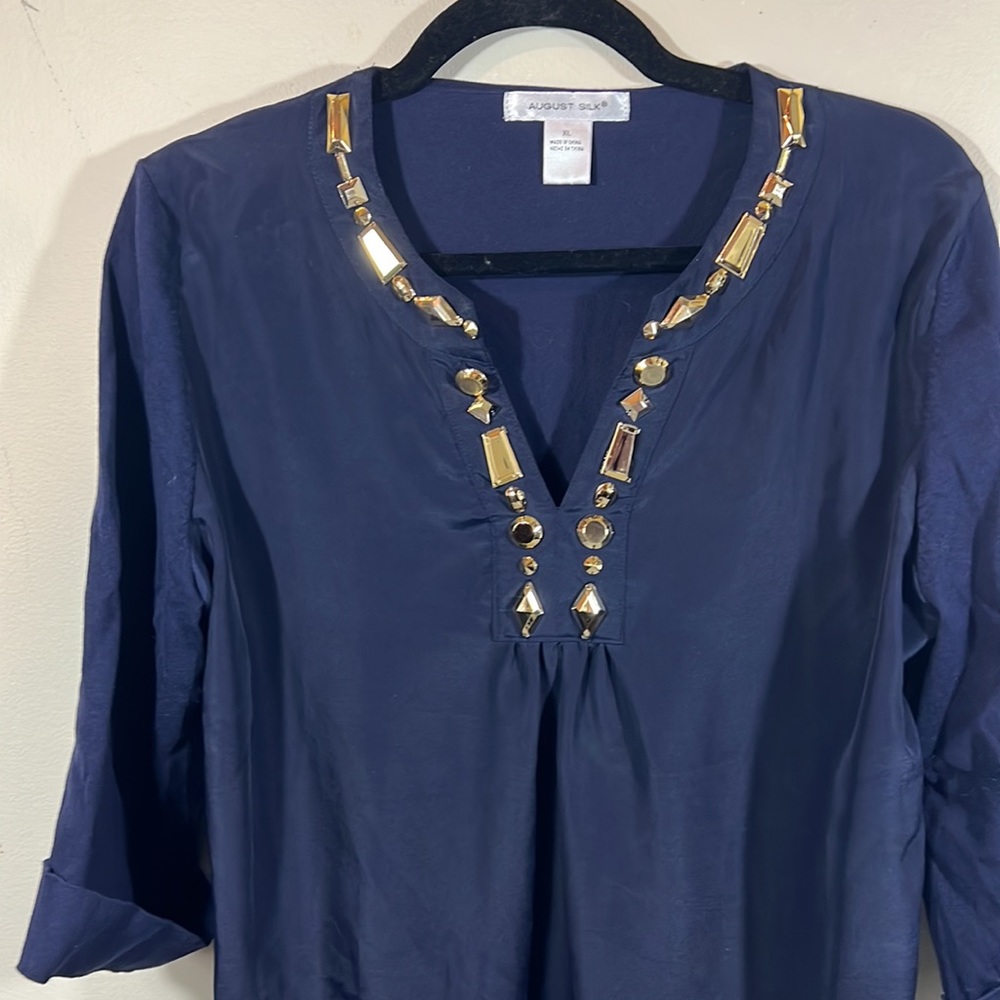 August Silk Women's Black 3/4 Sleeve Jeweled V-Neck Blouse Gold Rhinestones XL - Picture 2 of 8
